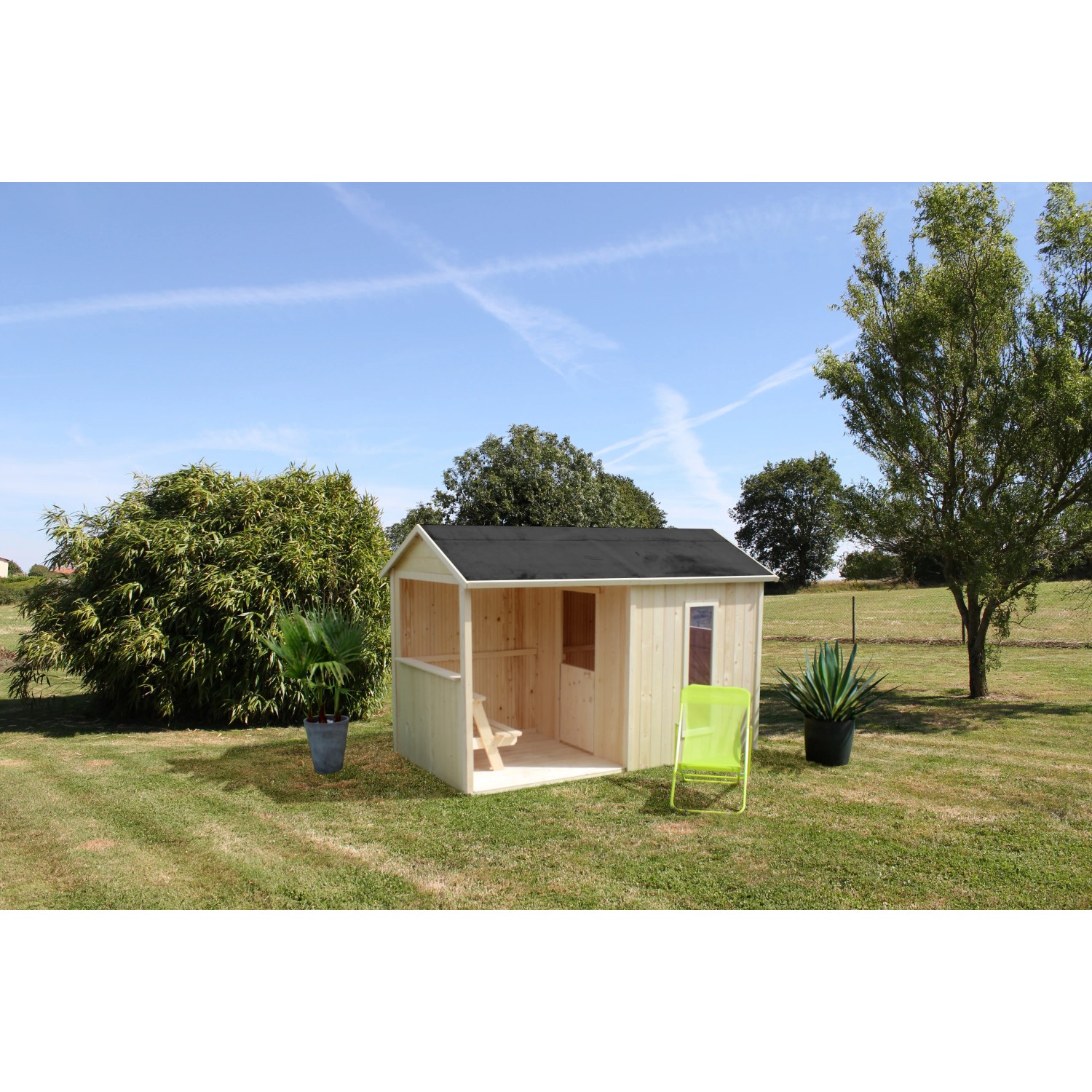 Spielhaus Jazz Natur mit Anbau im Garten, Kiefernholz, 242x143x160cm.