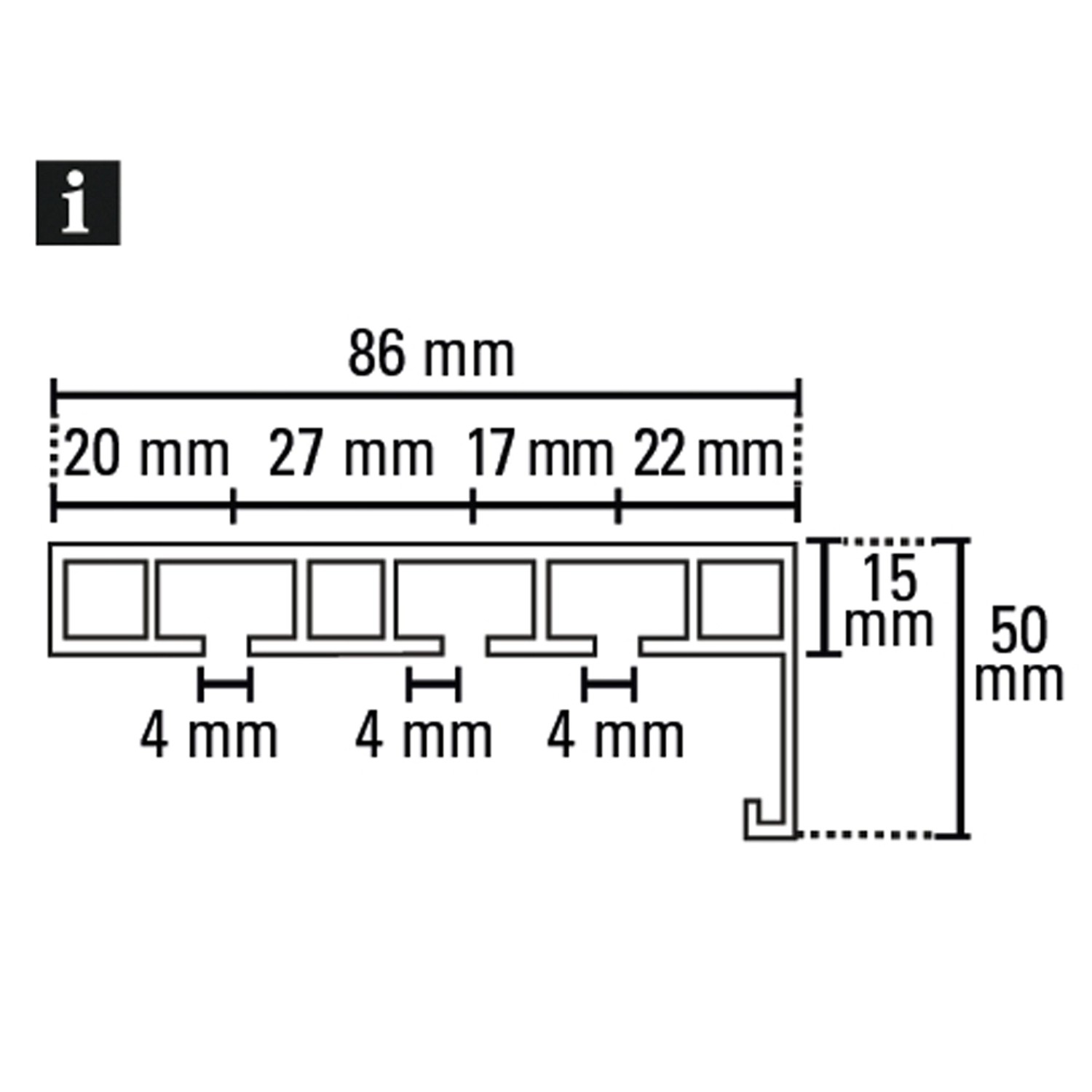Technische Zeichnung Gardinia Vorhangschiene P2Ü Weiß 250 cm mit Maßangaben.