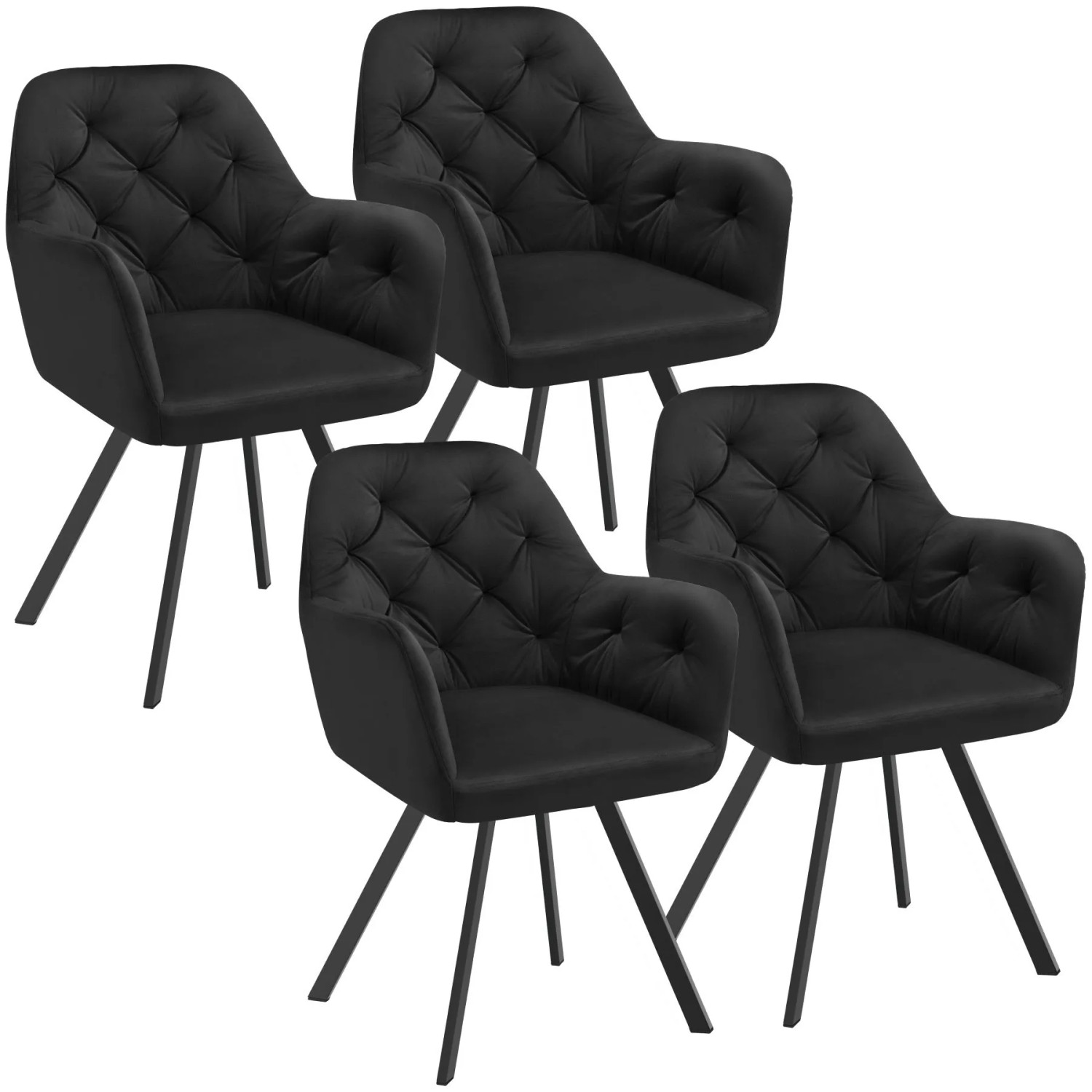 Tectake Drehbarer Samt Armlehnstuhl Lucia Gepolstert  Mit Steppmuster Mit Durchgehender Lehne 4Er Set 58 x 58 x 87 cm Schwarz