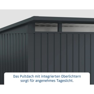 Detailansicht des anthrazitgrauen EcoStar Gerätehauses Euroline mit Pultdach und Oberlicht.