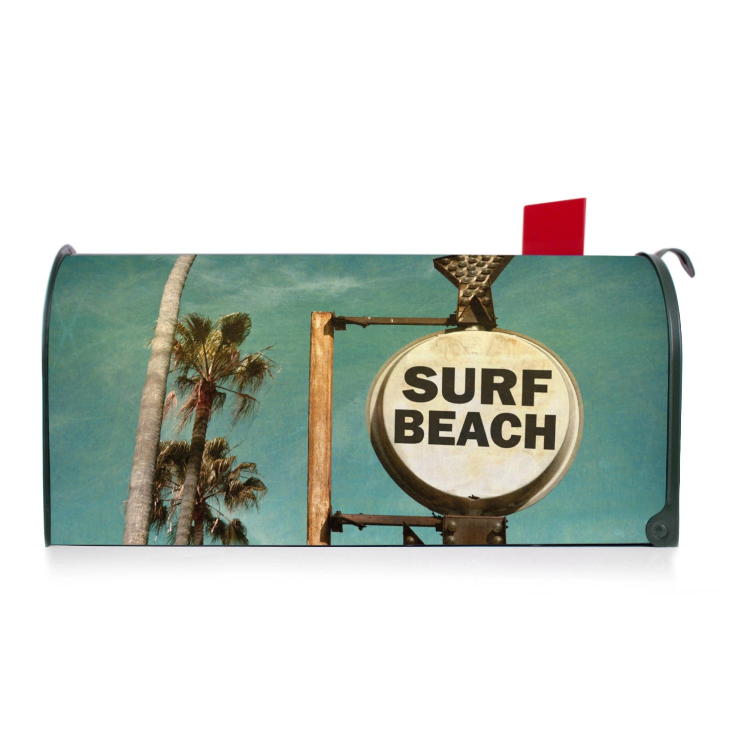 Grüner US Briefkasten mit Surf Beach Motiv. Amerikanischer Postkasten aus Stahl, pulverbeschichtet.