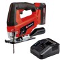 Einhell Akku-Stichsäge TC-JS 18/70 mit Akku, Ladegerät und Sägeblatt für präzise Schnitte.