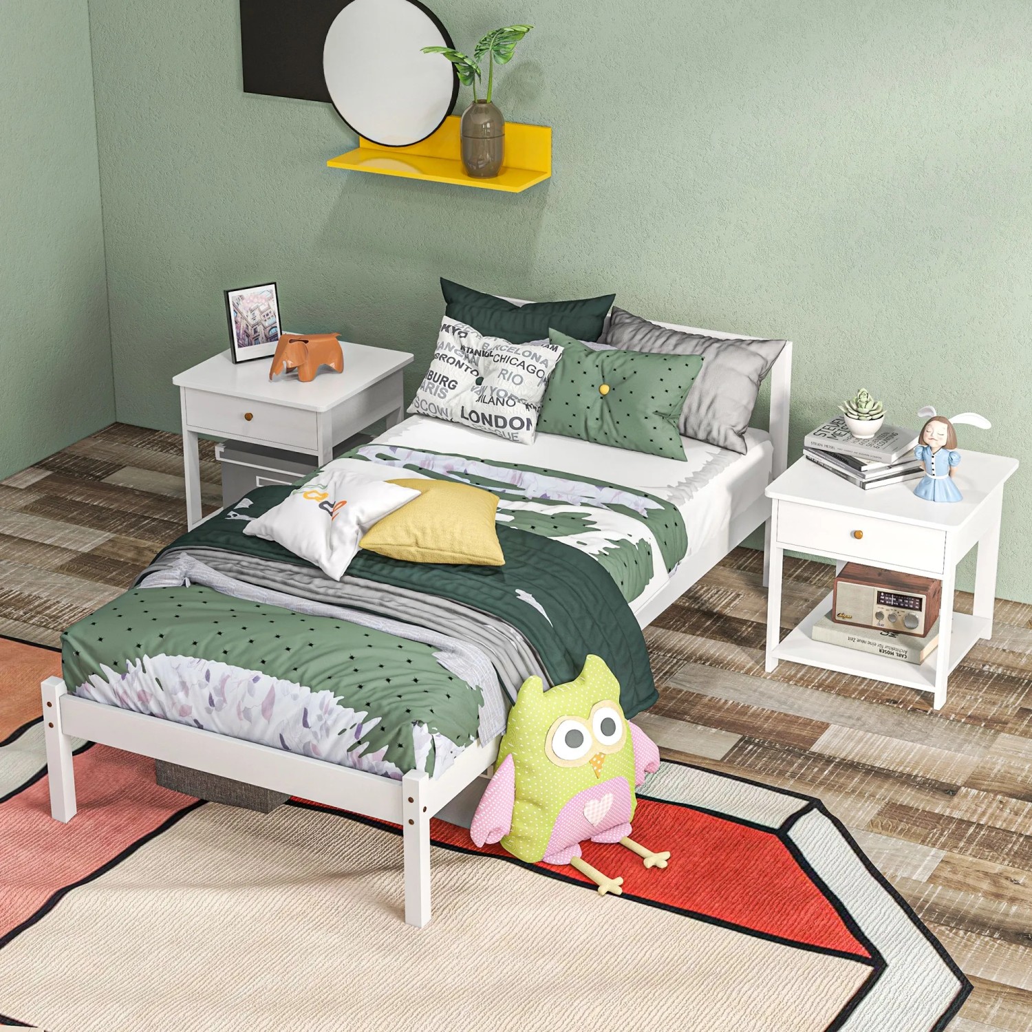Weißes Holzbett mit Lattenrost und Kopfteil von HOMCOM im Schlafzimmer.