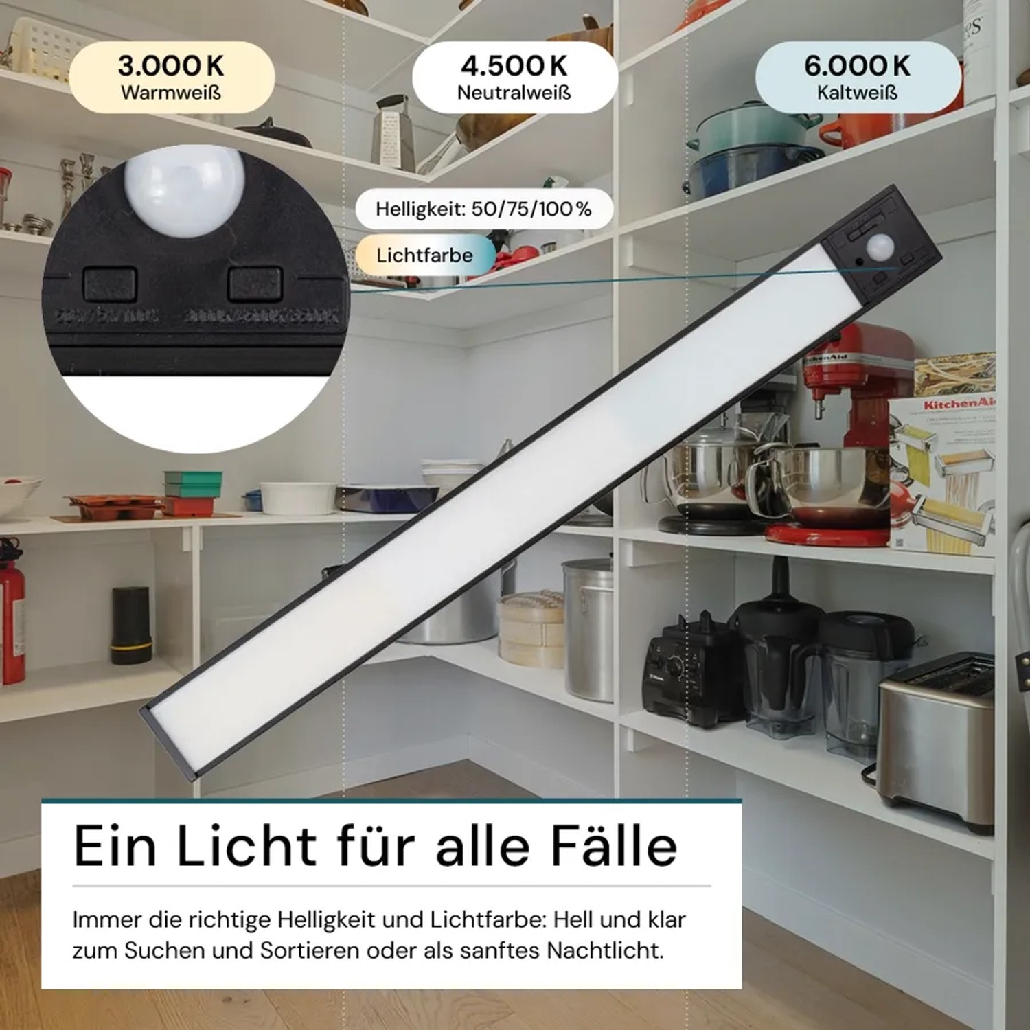 Schwarze LUXULA LED Unterbauleuchte mit Akku im Regal, Lichtfarbe einstellbar.