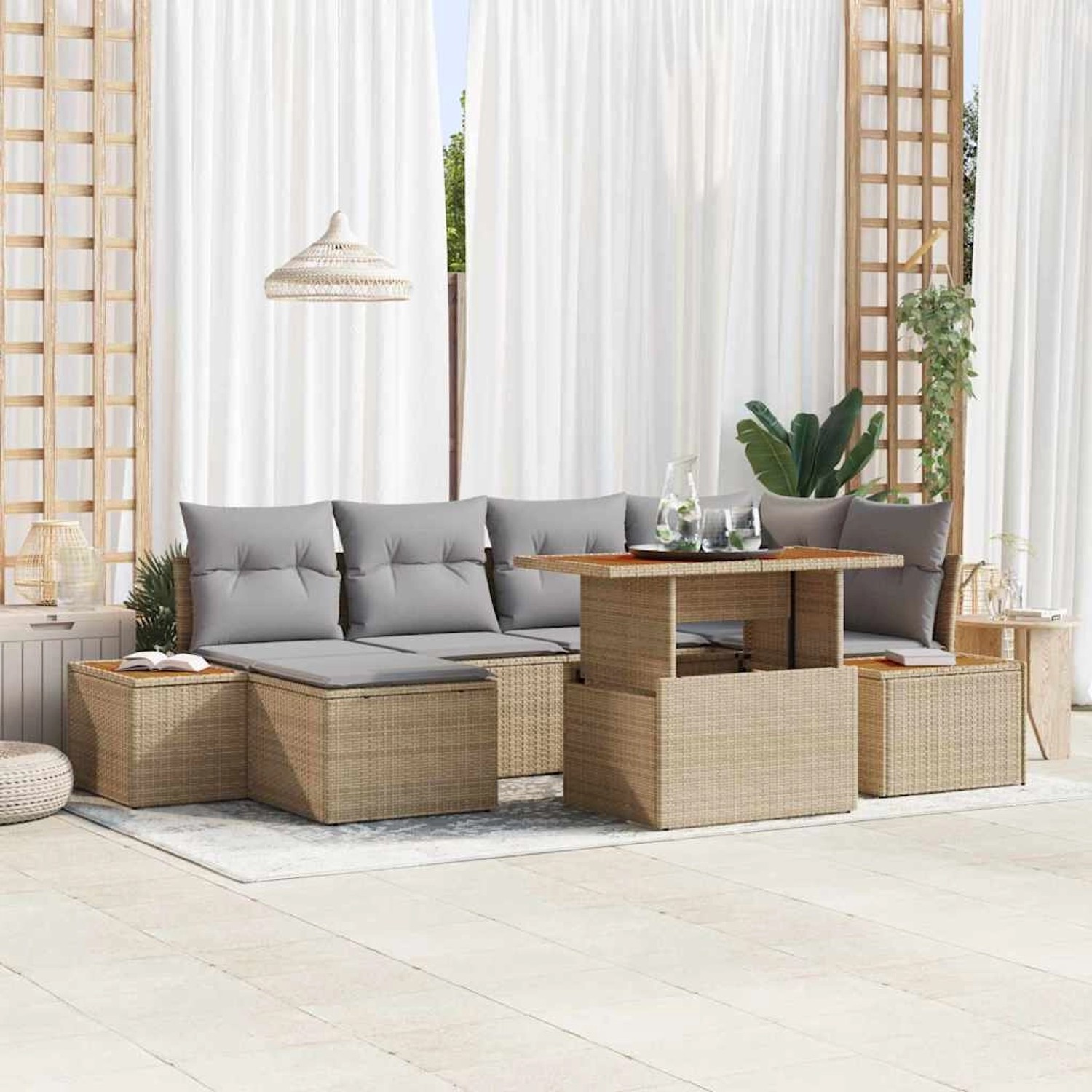 Beiges 7-teiliges vidaXL Garten-Sofa-Set mit Stauraum aus Poly Rattan.