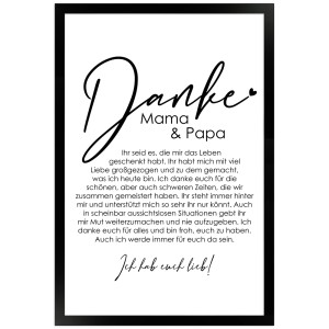 Gerahmtes Poster "Danke Mama und Papa" 30x45cm, Geschenkidee für Eltern. Bilderrahmen mit liebevollem Text.