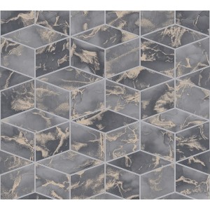 Dunkelgrau-goldene Vliestapete mit Marmor-Fliesen Grafik im 3D-Look der Metropolitan Stories II Kollektion.