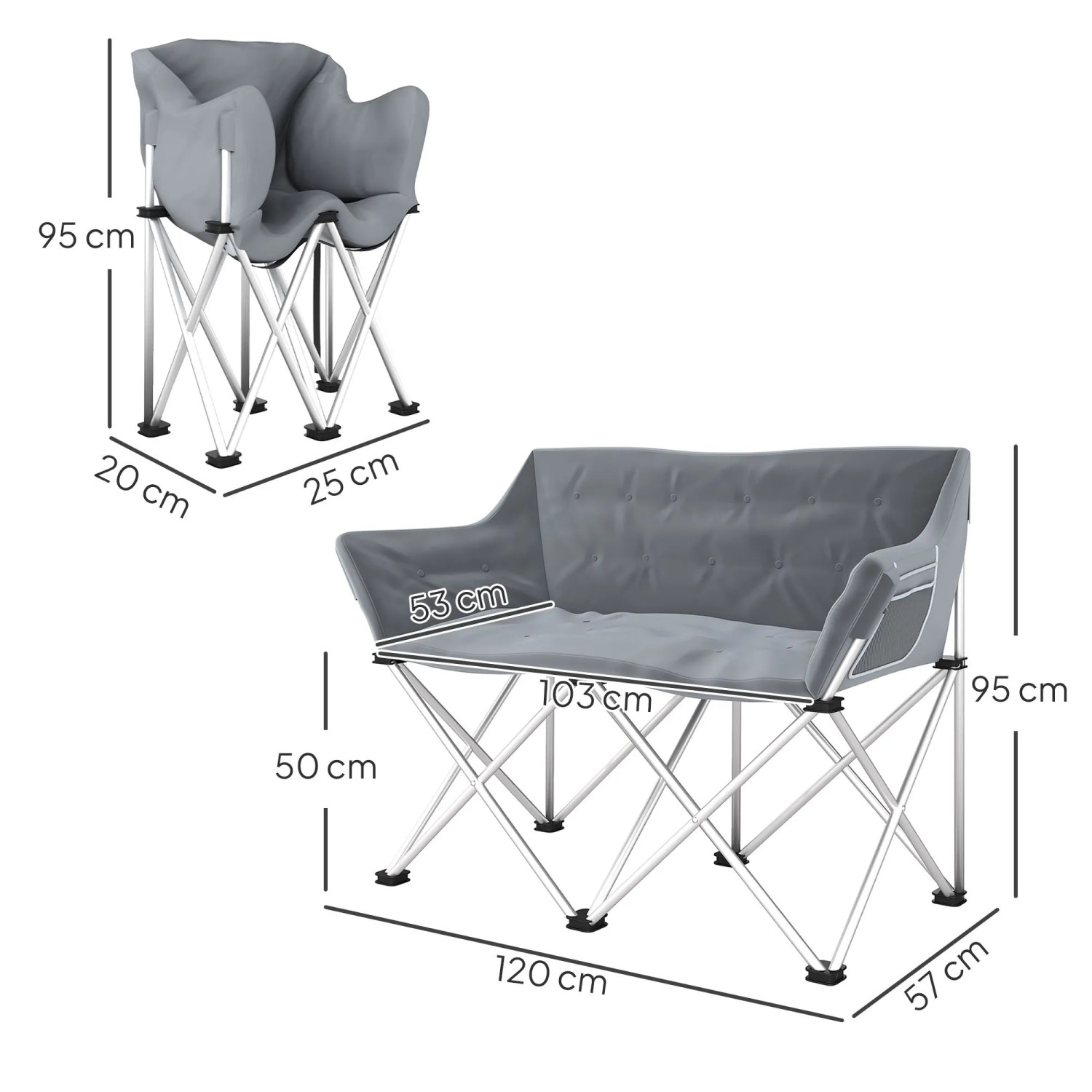 Outsunny Campingstuhl Metall Oxfordstoff Grau 120L x 57B x 95H cm_3