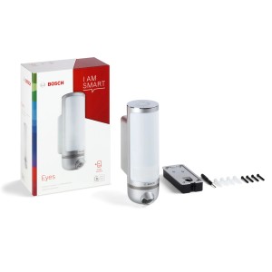 Bosch Smart Home Eyes I Außenkamera in Silber mit Zubehör und Verpackung.