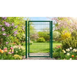 GEWA Gartentor Economy Einflügelig 1m Breit 1,4m Hoch Doppelstabmattentor Doppelstabmattenzaun RAL6005 Moosgrün Inkl. Pfosten und Zubehör