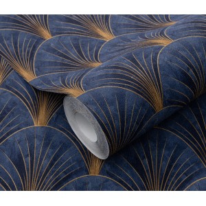 Blaue Erismann Vliestapete Elle Decoration 4 Avantgarde mit goldenem Art Deco Fächer-Muster.