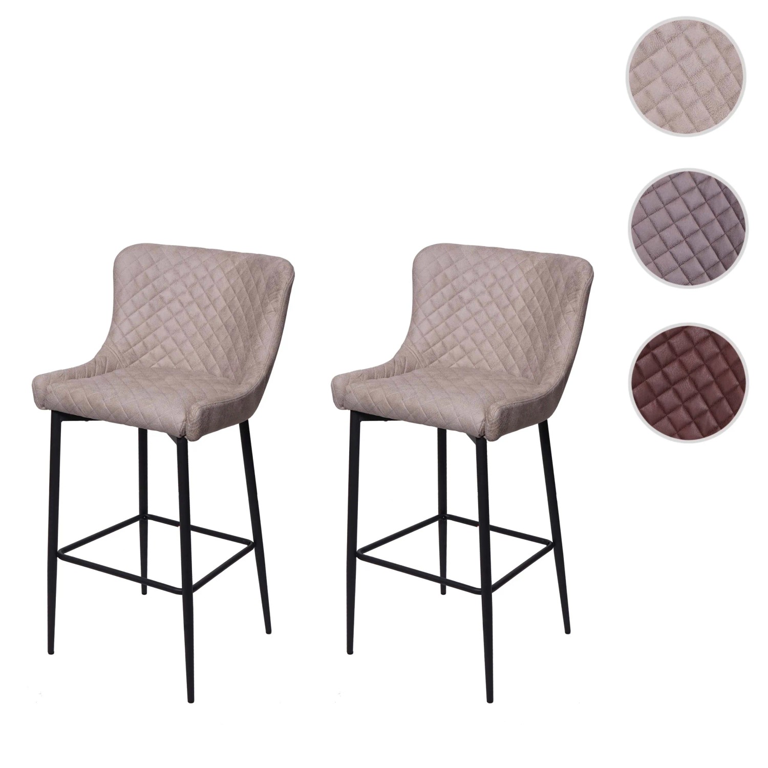 2er-Set Barhocker mit Lehne, grauem Textilbezug und schwarzem Metallgestell mit Fußablage.