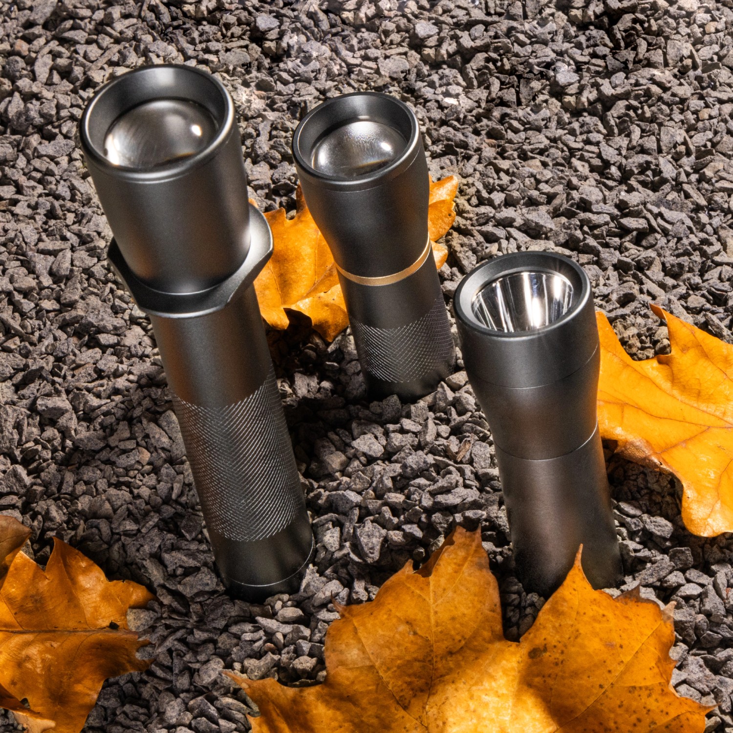 Drei dimm- und zoombare LED's Work Taschenlampen (450lm, 7000K, IPX4) auf Steinen mit Blättern.