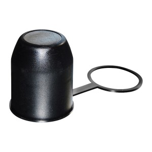 Schwarze Las Kugelkupplungs-Schutzkappe aus PVC mit Schlaufe für Autoanhänger.