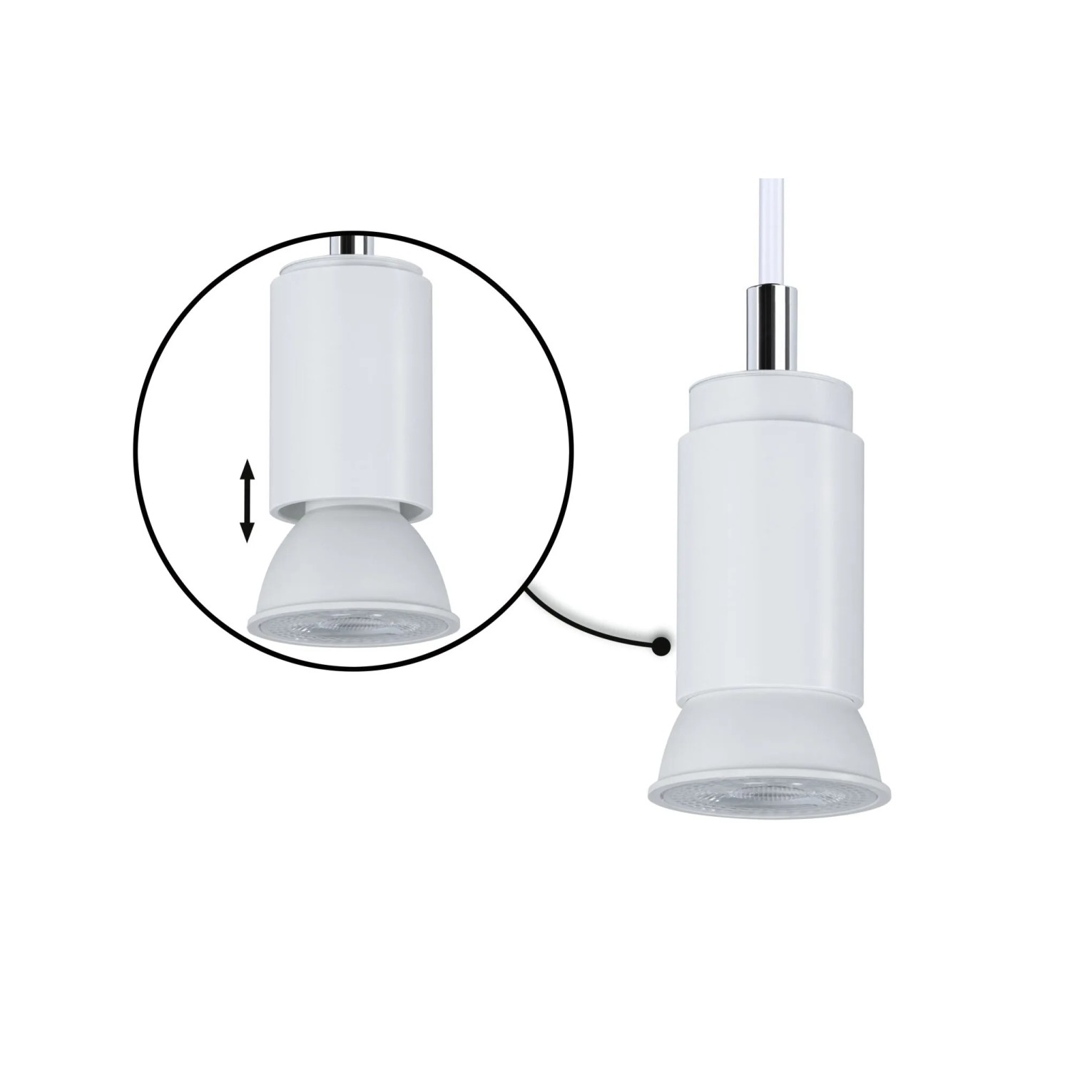 Paulmann URail Pendelleuchte Runa, signalweiß, mit Detailaufnahme zur Höhenverstellung.