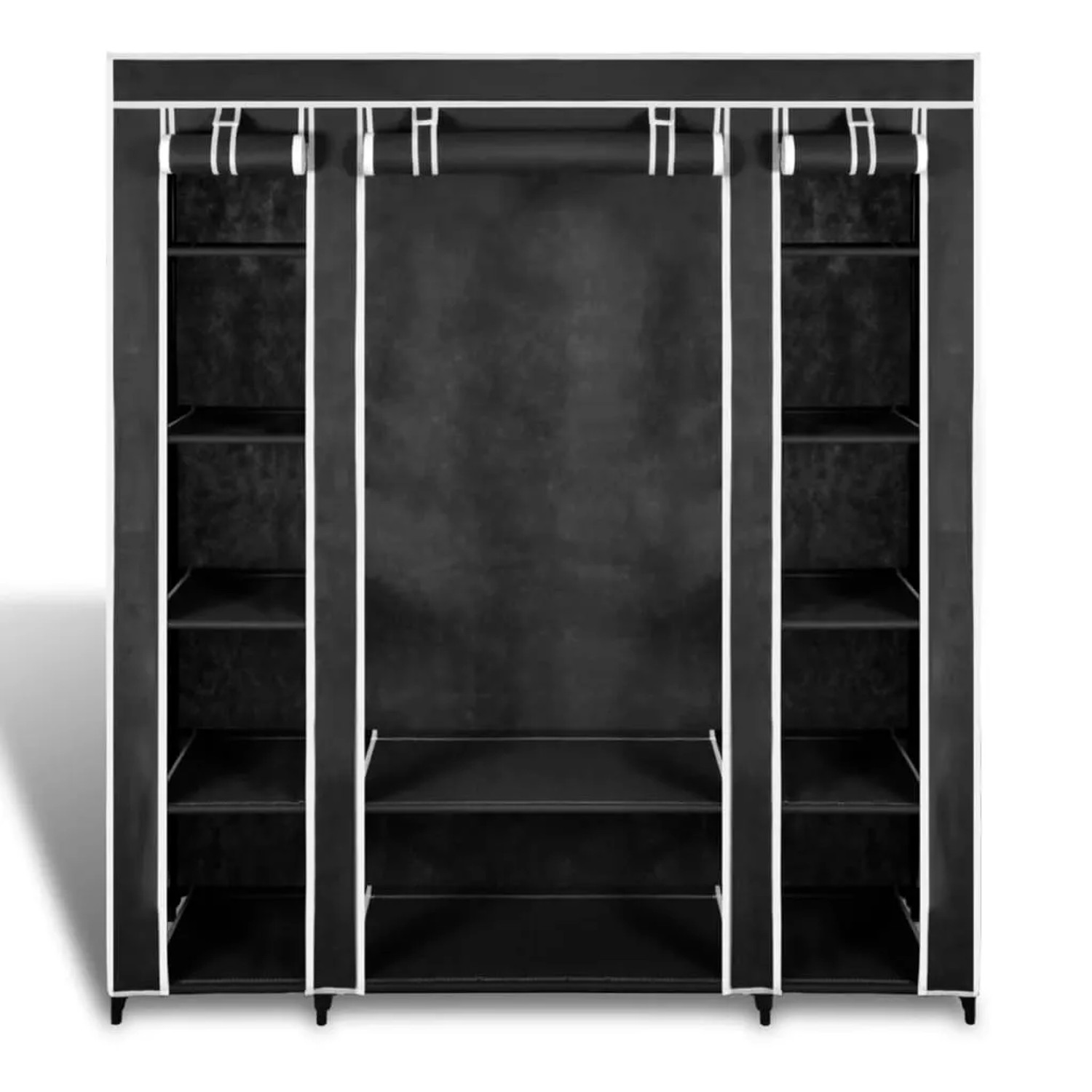 Schwarzer Stoffschrank vidaXL mit Fächern und Kleiderstangen, 45x150x176 cm.