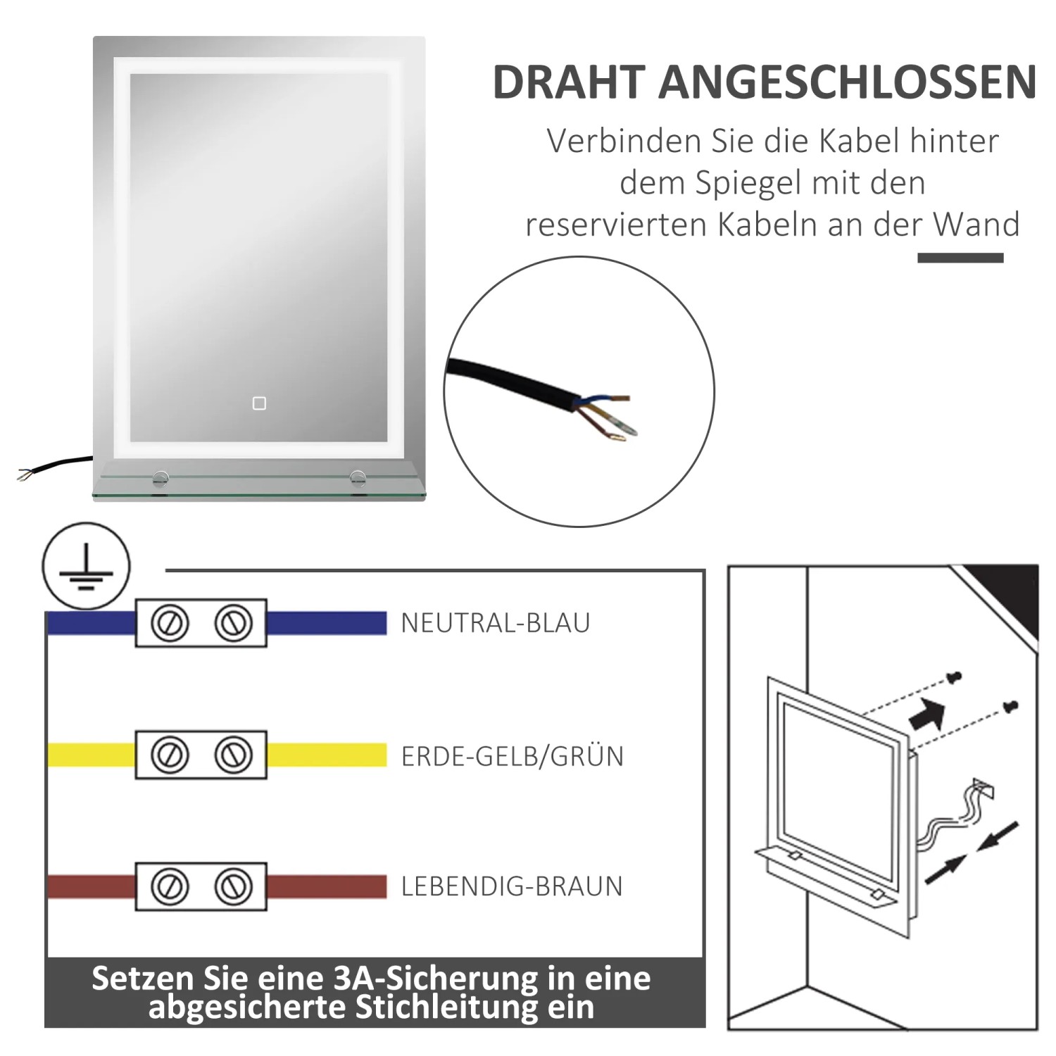 Installationshinweis Kleankin Badspiegel: Kabelverbindung zum Spiegel und Wand, Erdung, Neutral- und stromführende Leiter.