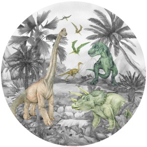 Runde, selbstklebende Dinosaurier Tapete in Grau, Ø 70cm für Kinderzimmer.