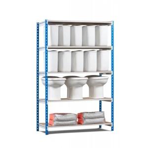 PROREGAL Fachbodenregal Maximus mit 5 Ebenen, blau-grau, beladen mit Sanitärobjekten und Zementsäcken.