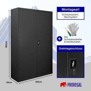 PROREGAL Flügeltürenschrank ELEPHANT Mit 2 Türen Abschließbar HxBxT 180x120x40cm 4 Ebenen Stahl Pulverbeschichtet Schwarz Spind Aktenschrank
