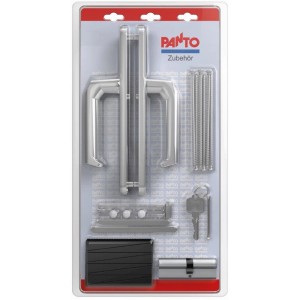 Griffgarnitur-Montage-Set Silber für Nebeneingangstür mit Drücker, Zylinder und Montagematerial.