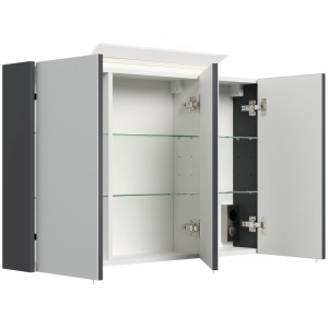 Offener Posseik Spiegelschrank 100 cm in Grafit mit LED-Lampe, Glasböden, Soft-Close und Steckdose für Badezimmer.