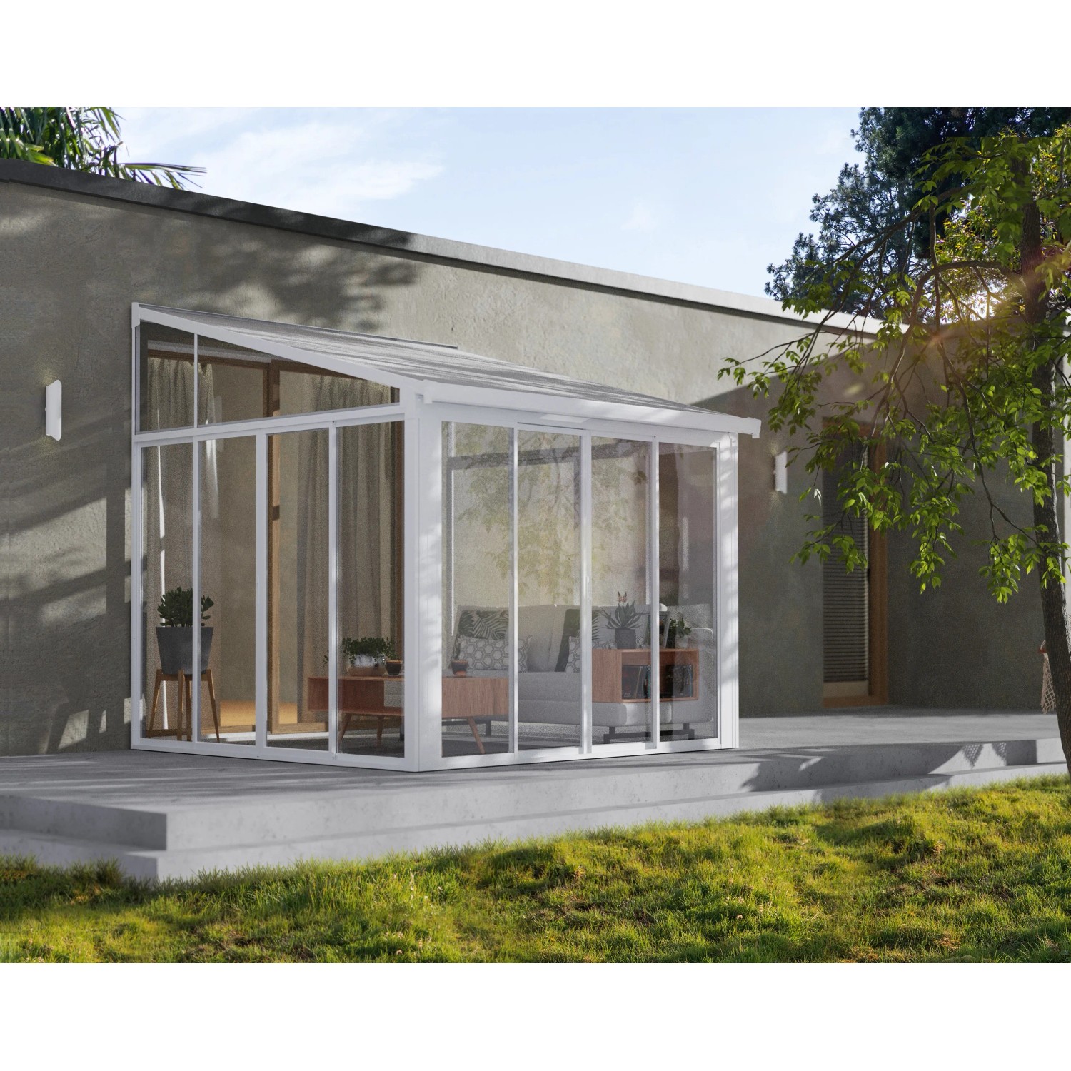 Weißer Palram Canopia Wintergarten San Remo mit Glasfront und Terrassenbereich.
