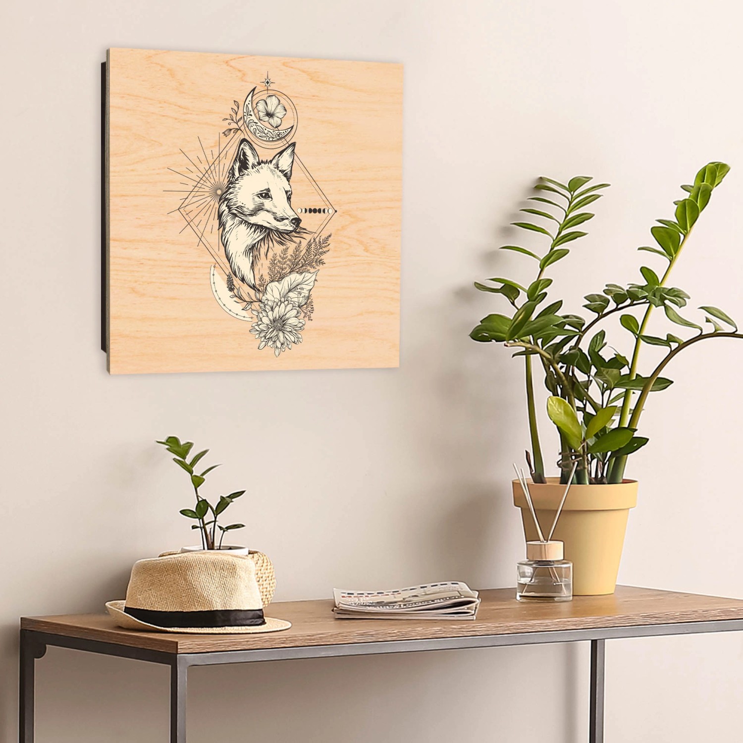 Banjado Schlüsselkasten aus Holz, 30x30cm, Motiv Mystischer Fuchs, 50 Haken, Scharnier rechts.