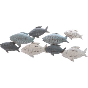 Wanddeko Fischschwarm aus Metall, creme-blau, 23x47cm, maritime Gartendeko für die Wand.