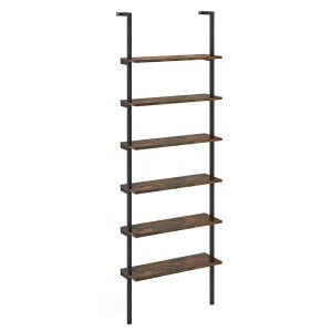 Braunes 6-stöckiges Leiterregal mit Holzoptik und schwarzem Metallrahmen, wandmontiert, für Bücher und Deko.