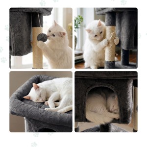 Dunkelgrauer Relaxdays Kratzbaum mit Höhle, Aussichtsplattform & Sisalstämmen. Katze spielt, kratzt & schläft gemütlich.