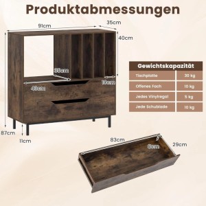 Brauner Plattenspielerständer mit Vinyl-Fächern und Schubladen. Zeigt Produktmaße 91x36x87cm und Gewichtskapazität.