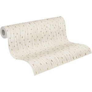 A.S. Création Vliestapete Linien Creme Gold, Rolle mit Streifen und goldenen Quadraten.
