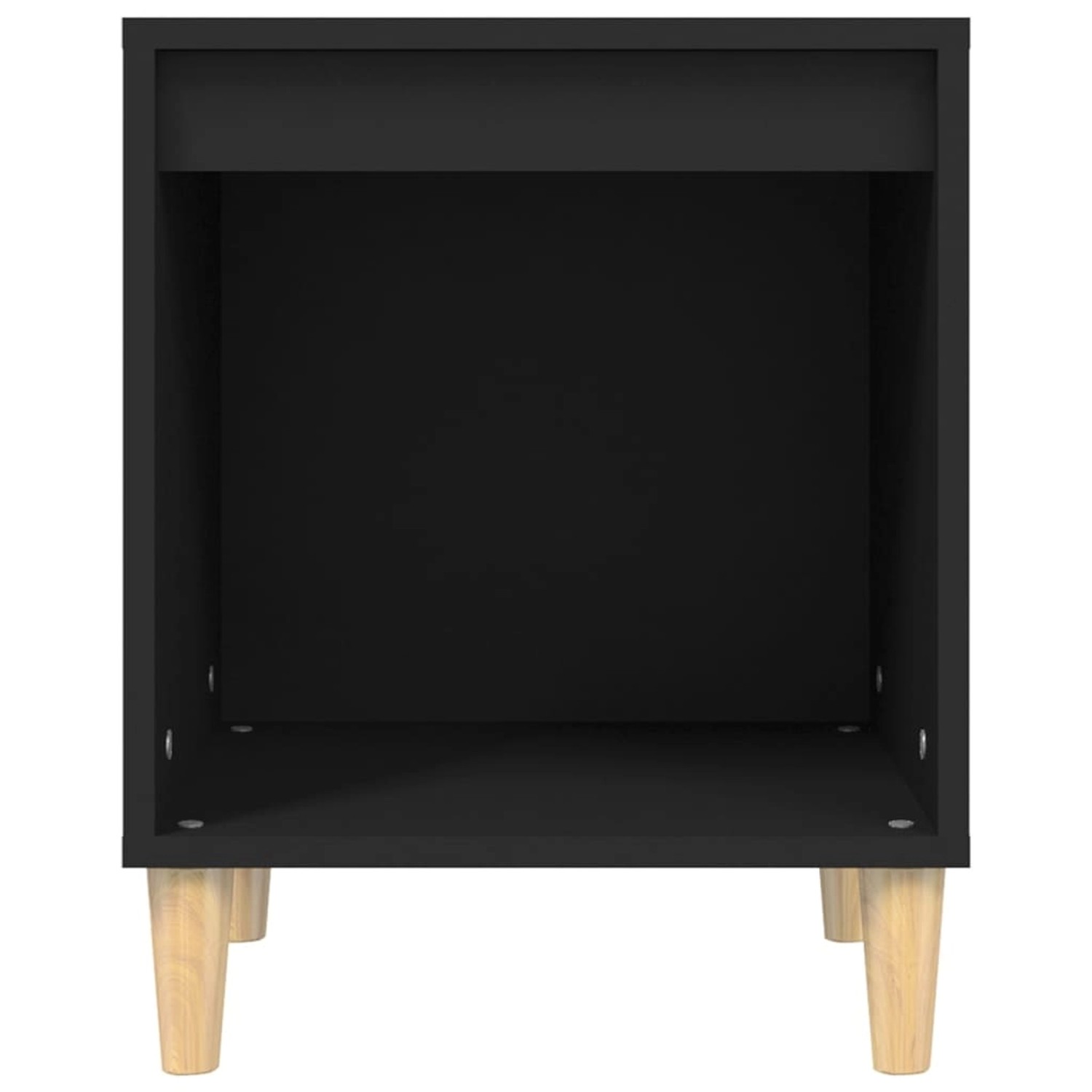 Schwarzer vidaXL Nachttisch (40x35x50 cm) aus Holzwerkstoff mit offenem Fach und hellen Holzfüßen.