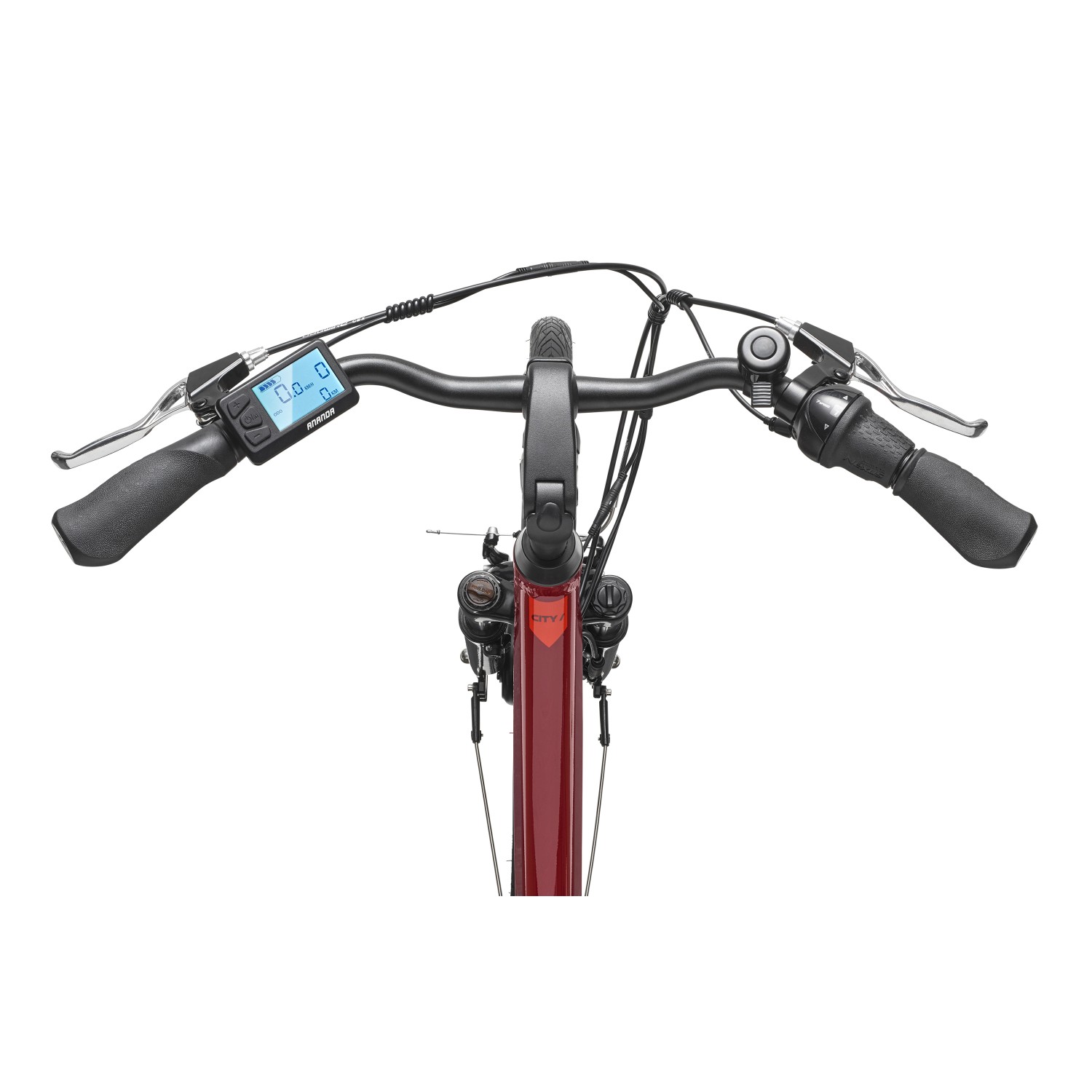 Detailaufnahme: Lenker des Telefunken City E-Bike mit Display und Bremshebeln.