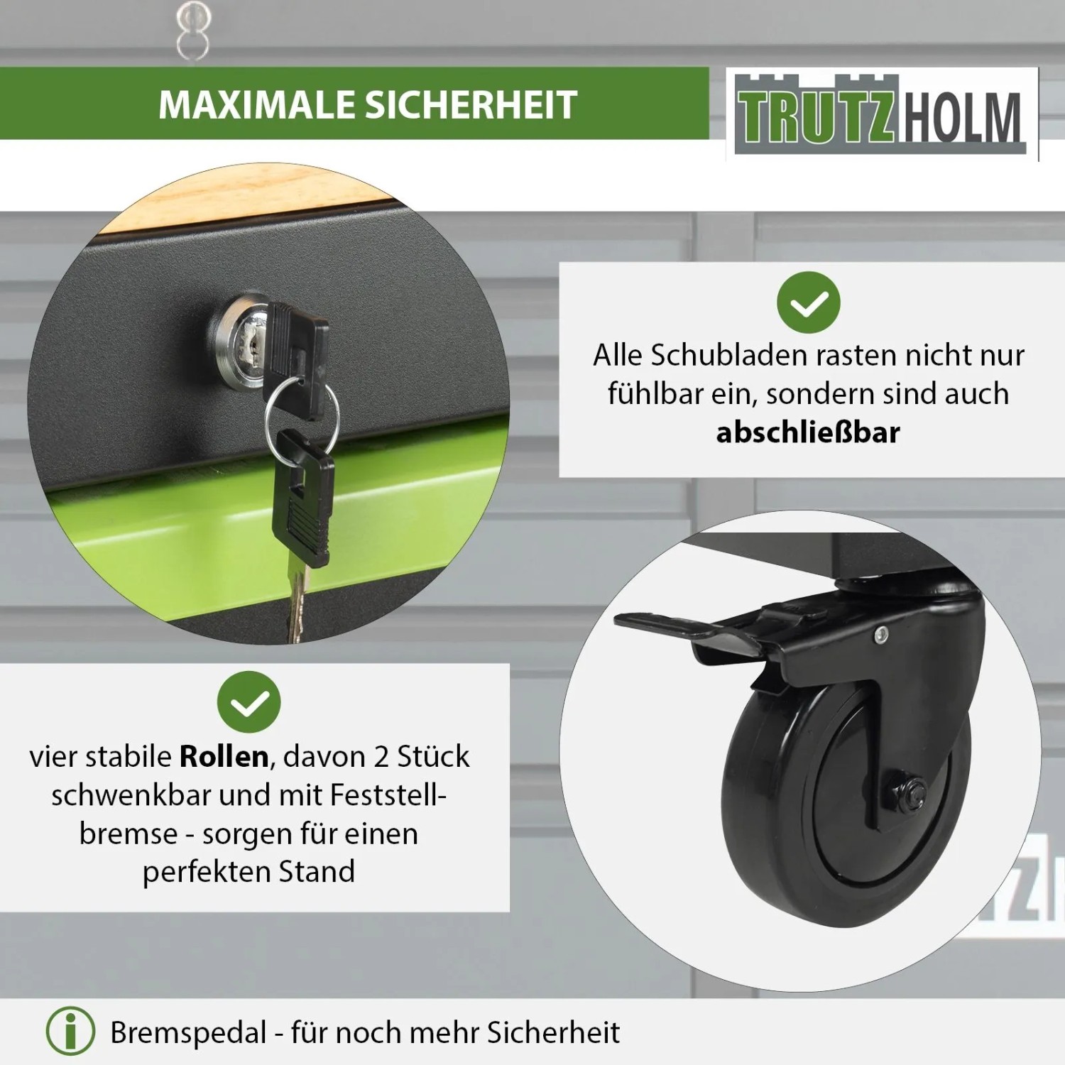 Details des TRUTZHOLM Werkstattwagens Star XL: abschließbare Schubladen, Rollen mit Bremse.