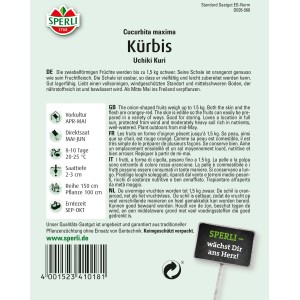 Sperli Kürbis Uchiki Kuri Samenpackung mit orangefarbenem Kürbis.