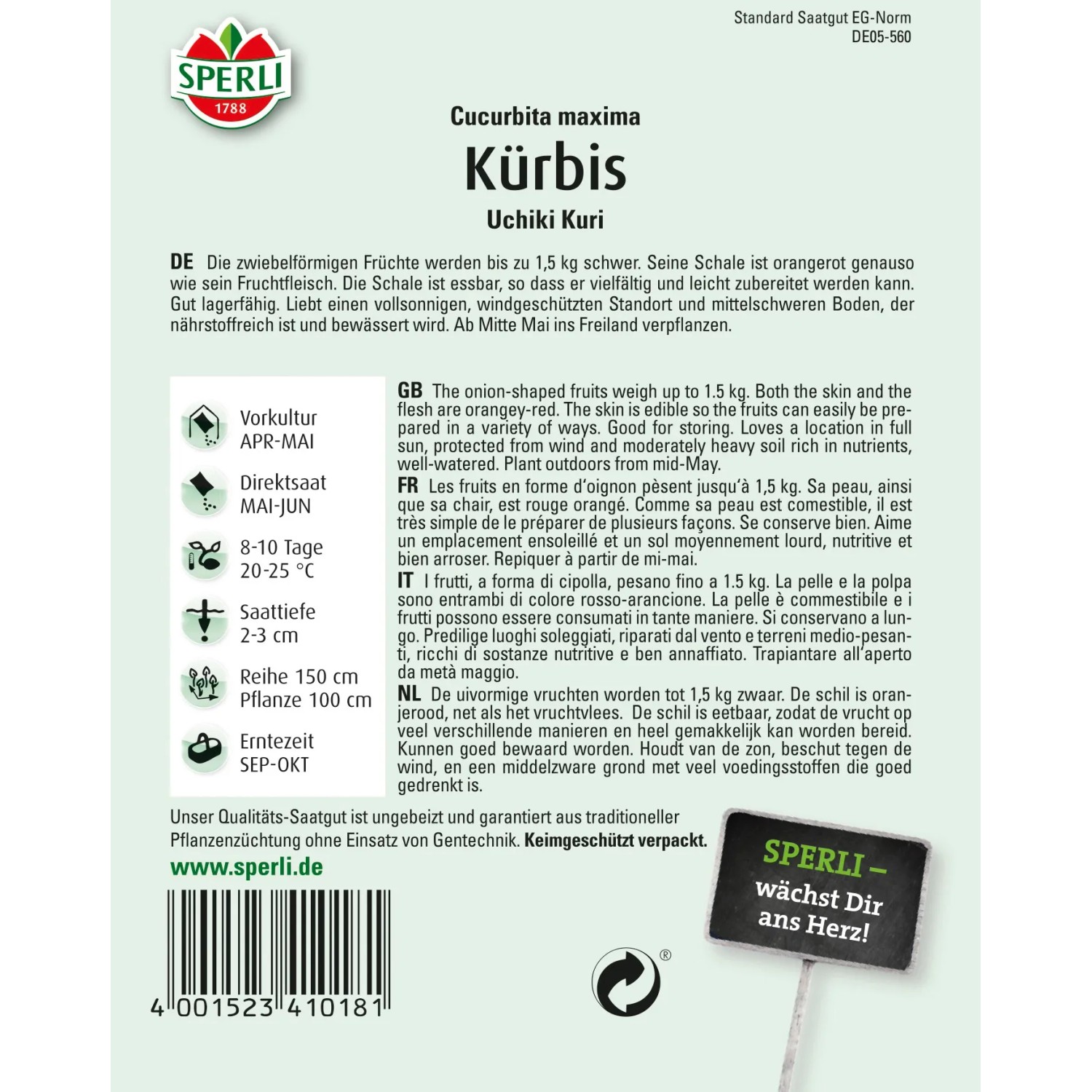 Sperli Kürbis Uchiki Kuri Samenpackung mit orangefarbenem Kürbis.