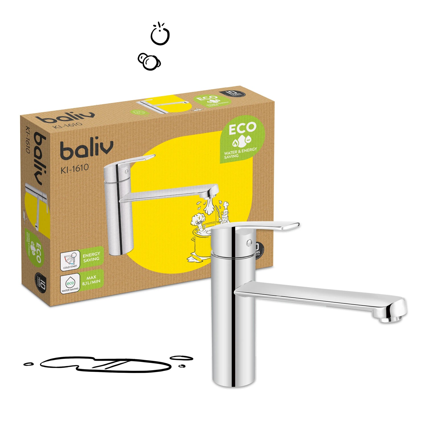 baliv Küchenarmatur KI-1610, verchromt, mit Wasserspareinsatz und Kaltstart-Funktion.
