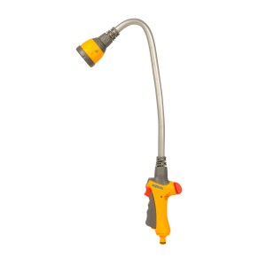 Hozelock Flexi Spray 4in1 Gartenbrause mit flexiblem Hals und gelbem Griff.