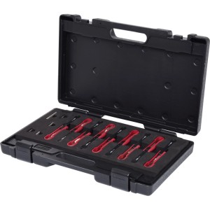 KS TOOLS Entrieglungswerkzeug Satz, 14-teilig, in offenem schwarzem Kunststoffkoffer mit roten Präzisionswerkzeugen.