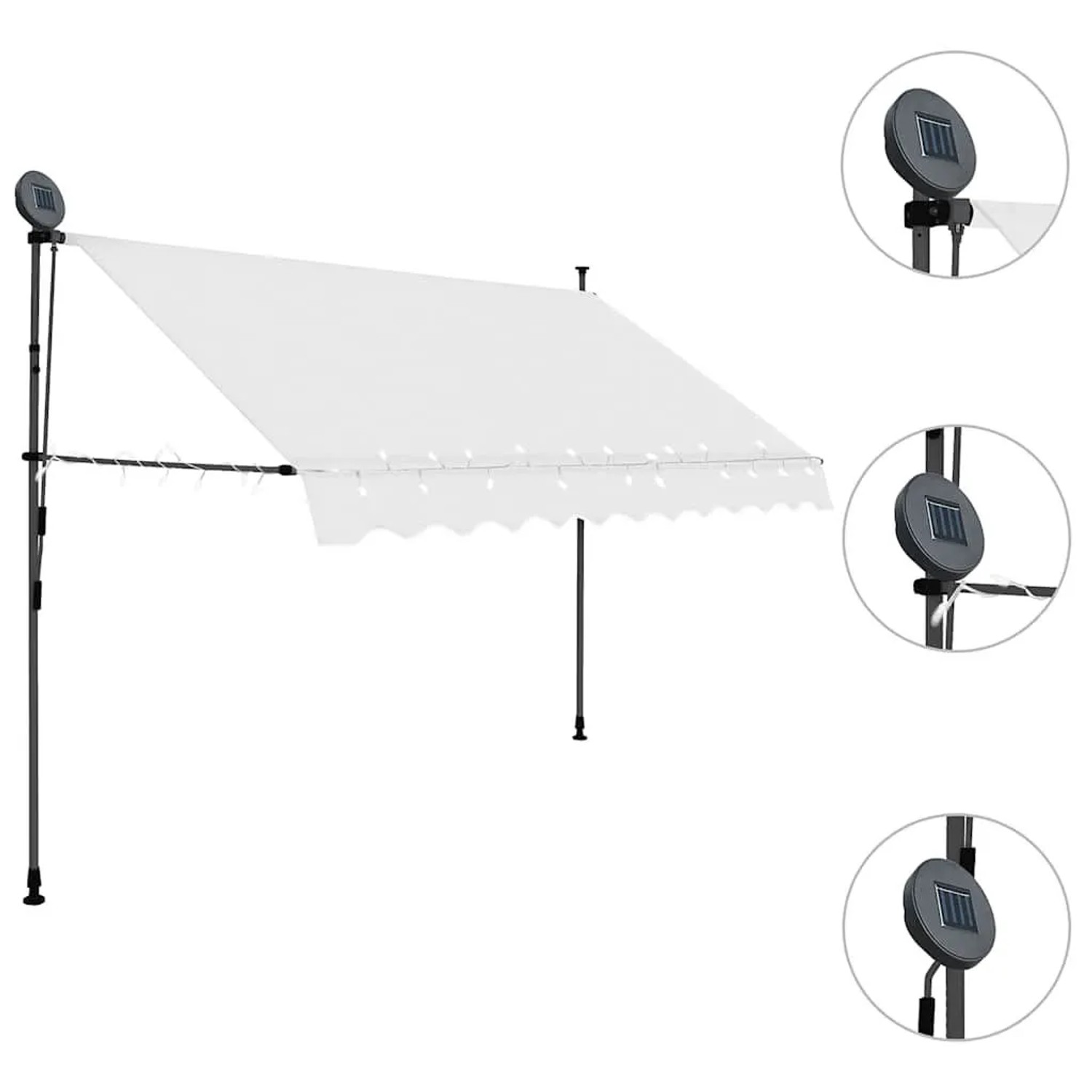 Cremefarbene, handbetriebene vidaXL Markise mit LED, 250 cm breit.