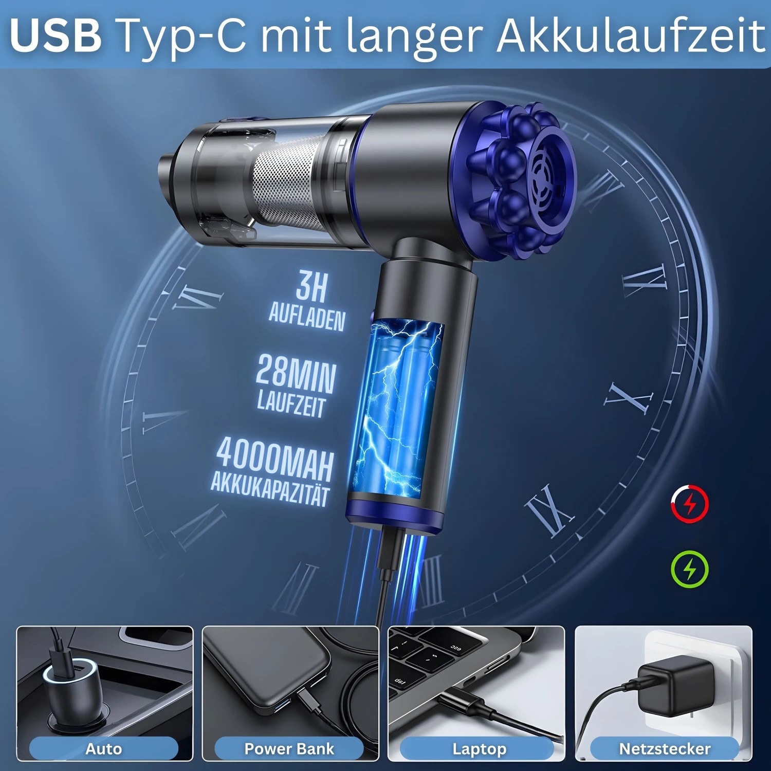 Steinborg Mini Akku-Staubsauger SB-1041 mit USB-C Ladefunktion und Zubehör.