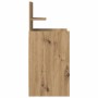 Nachttisch Artisan-Eiche aus Holzwerkstoff, Seitenansicht. Mit 2 Schubladen, Holzmaserung, hoher Rückwand und Ablage.