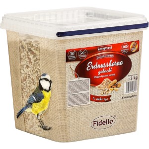 Fidelio Erdnusskerne gehackt, 3kg Eimer Wildvogelfutter. Gehackte Erdnüsse im transparenten Eimer.