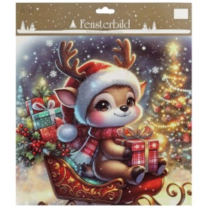 Buntes Rentier-Fensterbild aus Kunststoff: Rentier mit Mütze, Schal, Geschenken im Schlitten, Weihnachtsbaum. Festliche Deko.