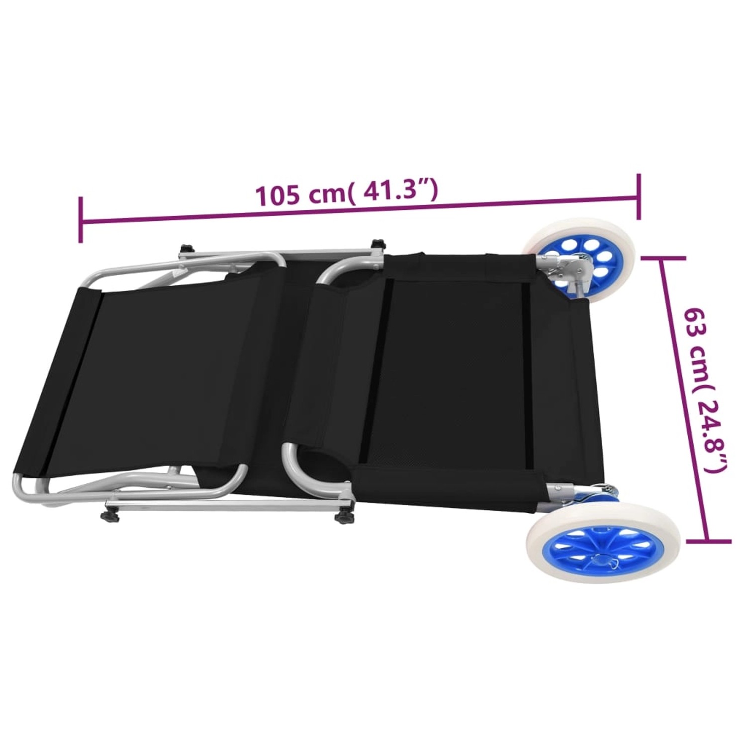 Schwarze vidaXL Klappliege mit Sonnenschutz, Stahlrahmen und Rädern, zusammengeklappt.