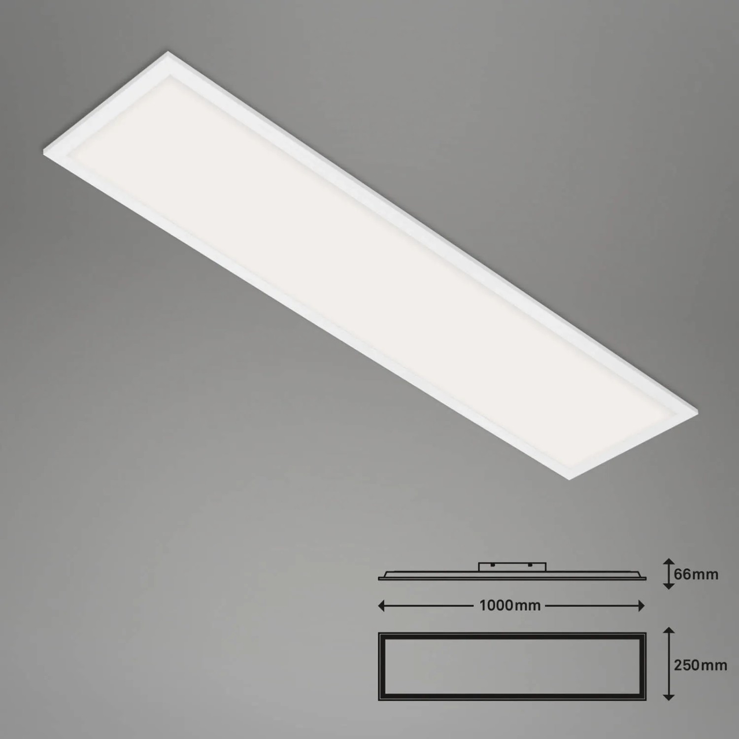 Dimmbare, weiße Brilo LED-Deckenleuchte Piatto S B-Smart Panel mit Maßangaben.