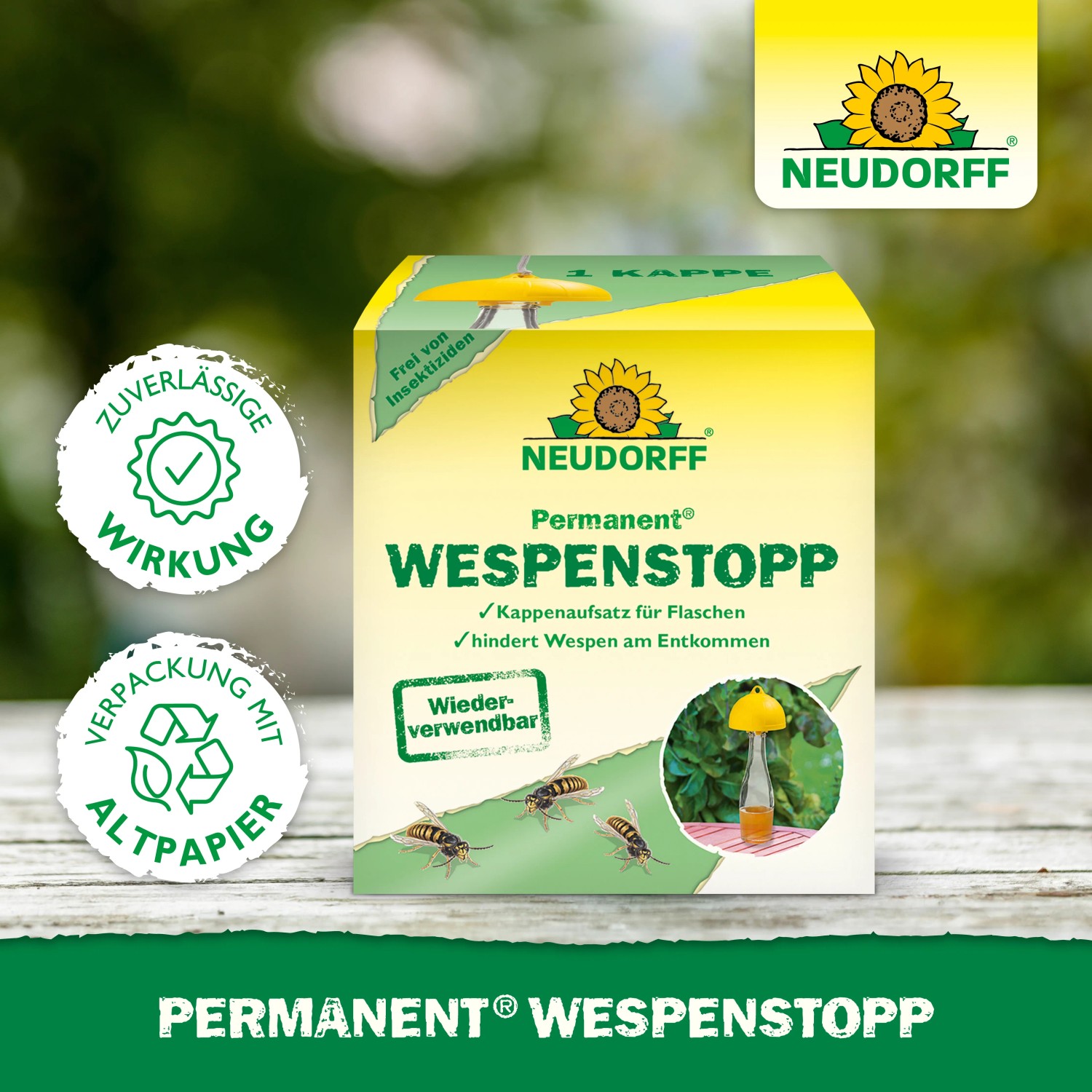 Neudorff Wespenstopp Permanent: Wespenfalle als Flaschenaufsatz, wiederverwendbar und insektizidfrei.
