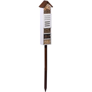 Dobar Insektenhotel mit Stab, weiß-braun, ca. 148cm hoch, gefüllt mit Naturmaterialien.